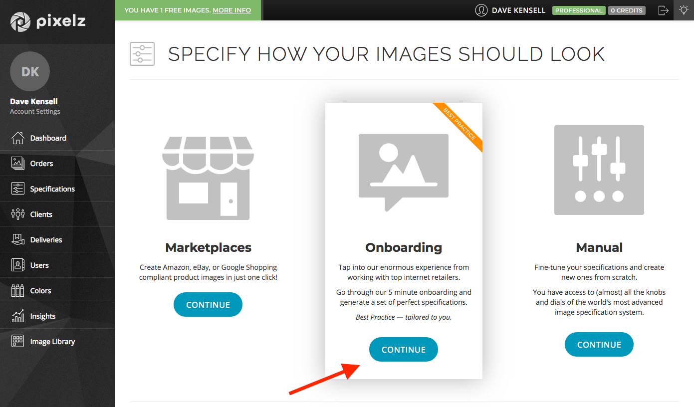 Choose from Onboarding, Marketplace presets, or Manual creation methods Selecting retouch spec creation method